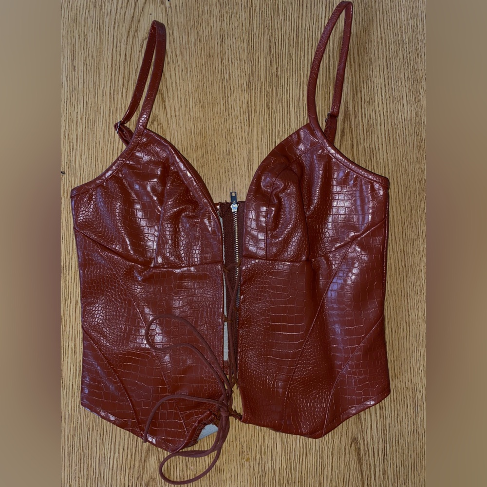 PrettyLittleThing Brown Faux Leather Croc-Embossed Top